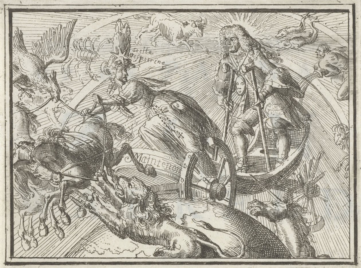 Karikatúra, amely XIV. Lajost Apollónként ábrázolja a szekerén, 1701 alkotó: Romeyn de Hooghe