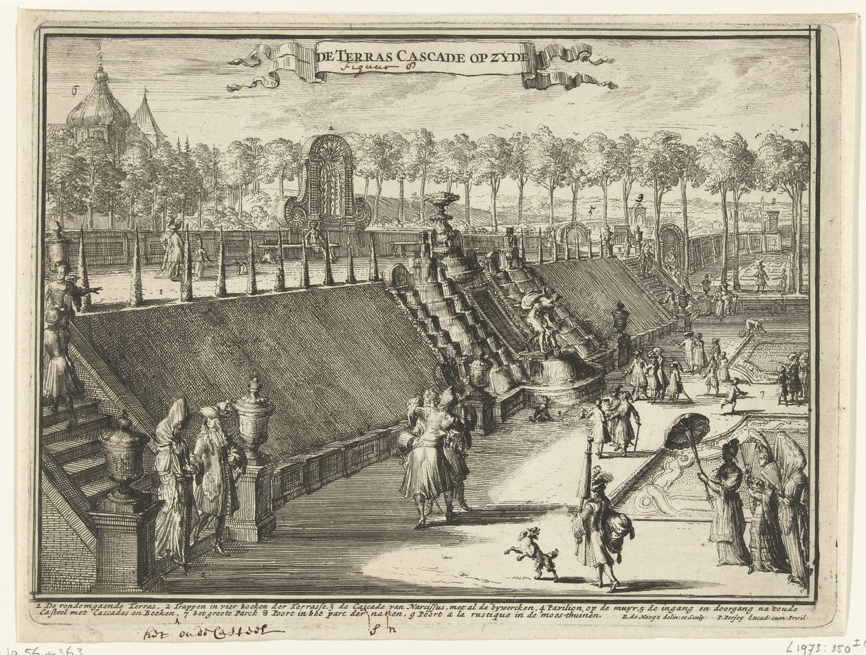 Kilátás (oldalról) egy teraszos vízesésre a Paleis Het Loo parkjában A Terrace Cascade oldalán (cím az objektumon) Kilátás a Paleis Het Loora, a kapcsolódó épületekre és a kapcsolódó parkra (sorozat címe) alkotó: Romeyn de Hooghe