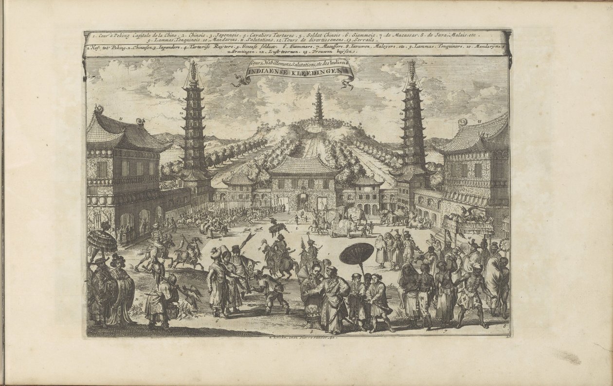 Hof Pekingben Indiaense Kleedingen / Osztályok, Öltözetek, Üdvözlet stb. indiánok (cím a tárgyon) Kelet- és Nyugat-India és más helyek (sorozat címe) alkotó: Romeyn de Hooghe
