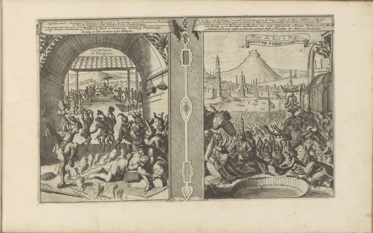 Smith főnök a Virginiakkal; Királyi lakoma Peguban Virginiaense Ceremonien / Ceremonies de Virginie // Királyi ünnepségek Peguban (cím a tárgyon) Les Indes Orientales et Occidentales et autres lieux (sorozat címe) alkotó: Romeyn de Hooghe