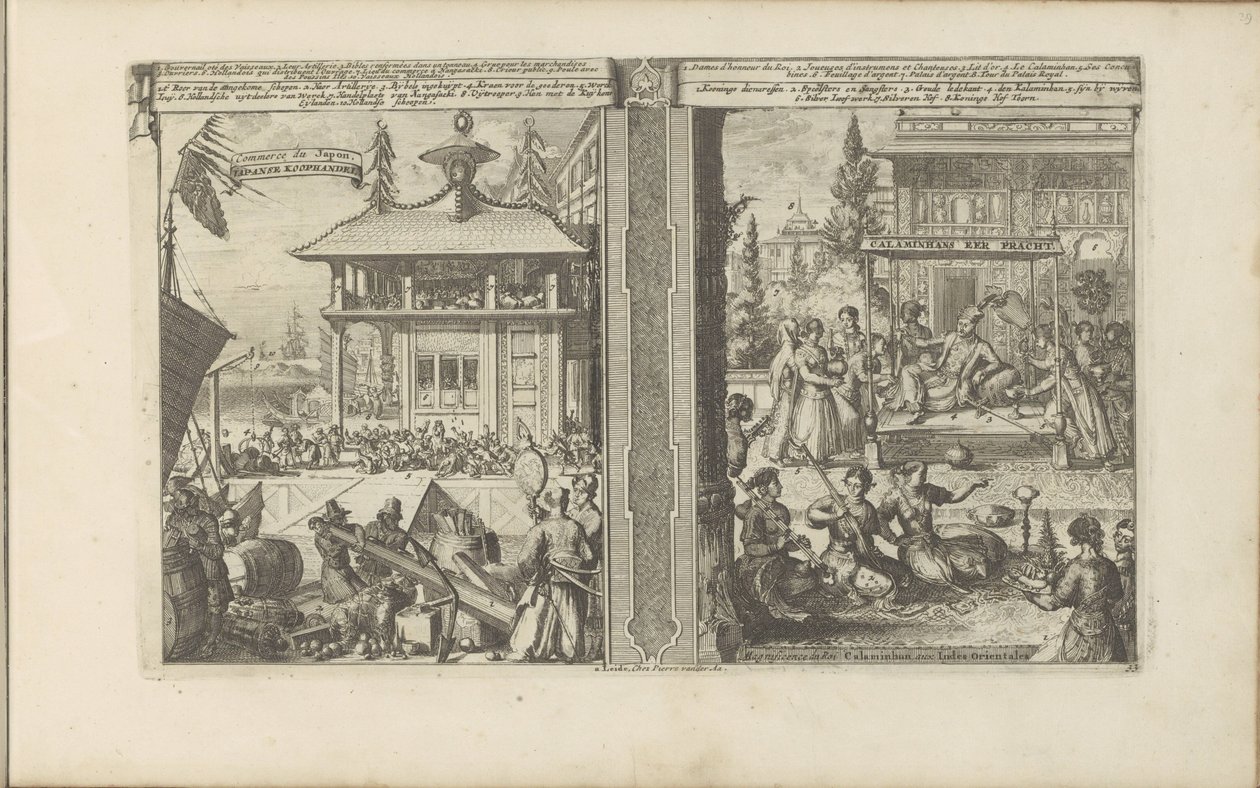 japán koophandel; Hof van de koning van de Calaminhans Japán koophandel / Japán kereskedelme // Calaminhans Eer Pracht / Calaminhan király nagyszerűsége Kelet-Indiában (cím a tárgyon) Kelet- és Nyugat-India és más helyek (sorozat alkotó: Romeyn de Hooghe