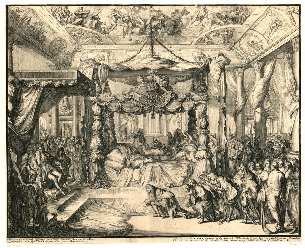 Stuart Mária királynő a halálos ágyán, 1695 II. Stuart Mária, Anglia királynője halála és temetése, 1695 (sorozat címe) alkotó: Romeyn de Hooghe