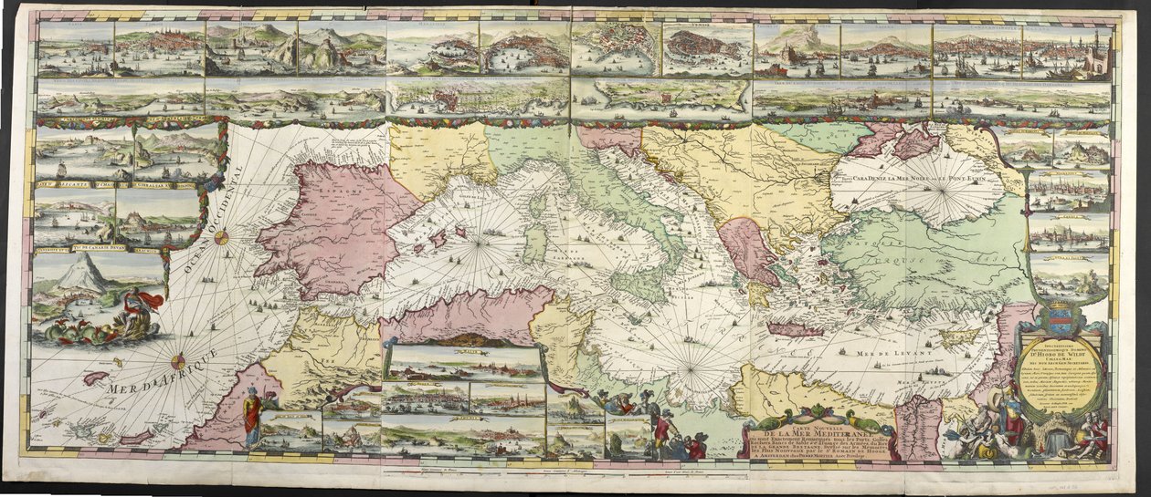 A Földközi-tenger térképe, Charles Pene és Pieter Mortier „De Fransche Neptunus and Atlas Maritime and Suite du Neptune François”-ból alkotó: Romeyn de Hooghe