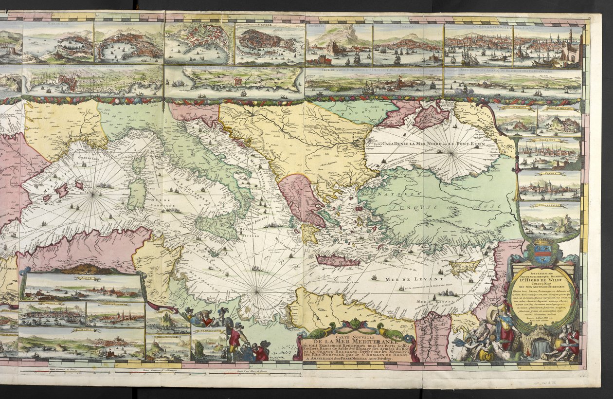 A Földközi-tenger térképe allegorikus alakokkal és a betéteket díszítő tengeri szörnyekkel, Charles Pene és Pieter Mortier „The French Neptune and Atlas Maritime and Suite du Neptune François” című művéből alkotó: Romeyn de Hooghe