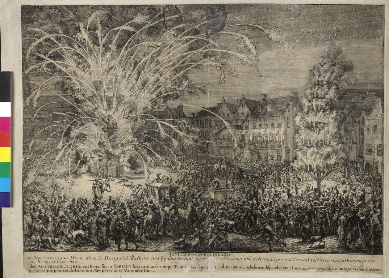 Éjszakai tűzijáték a brüsszeli Sablons utcán 1686 (metszet) alkotó: Romeyn de Hooghe