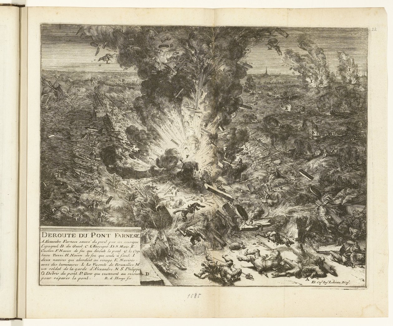A pármai hajóhíd felrobbantása a Scheldt felett, 1585 Deroute du Pont Farnese (cím a tárgyon) Guerres de Flandres (sorozat címe) alkotó: Romeyn de Hooghe