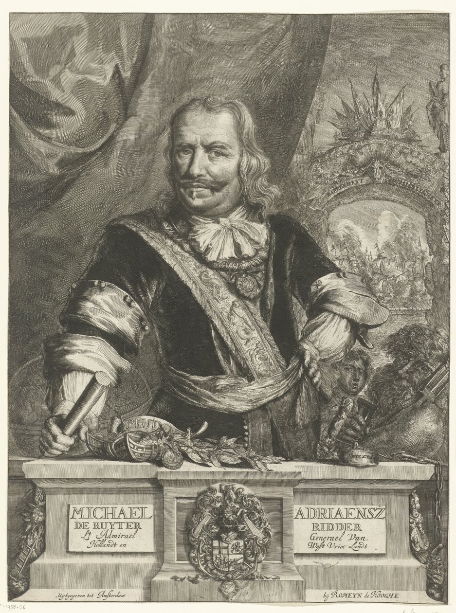Michiel de Ruyter portréja Michael Adriaensz de Ruyter Knight Admirael hadnagy Van Hollandt és West Vrieslandt (cím a tárgyon) alkotó: Romeyn de Hooghe