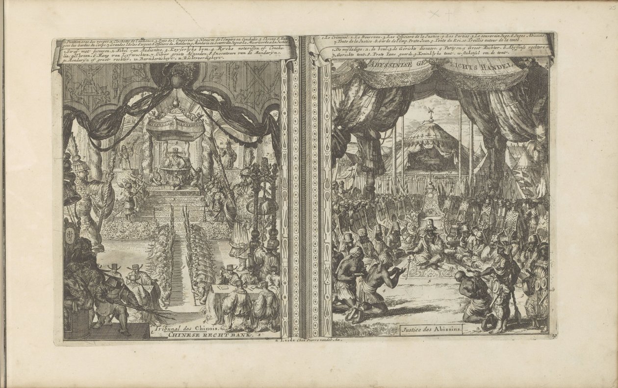 Rechtbank Kínában Abbesinië-ben Kínai rechtbank / tribunal des Chinois // Abyssinise Gerichts Handel / Justice des Abissins (cím a tárgyon) Kelet- és Nyugat-India és más helyek (sorozat címe) alkotó: Romeyn de Hooghe