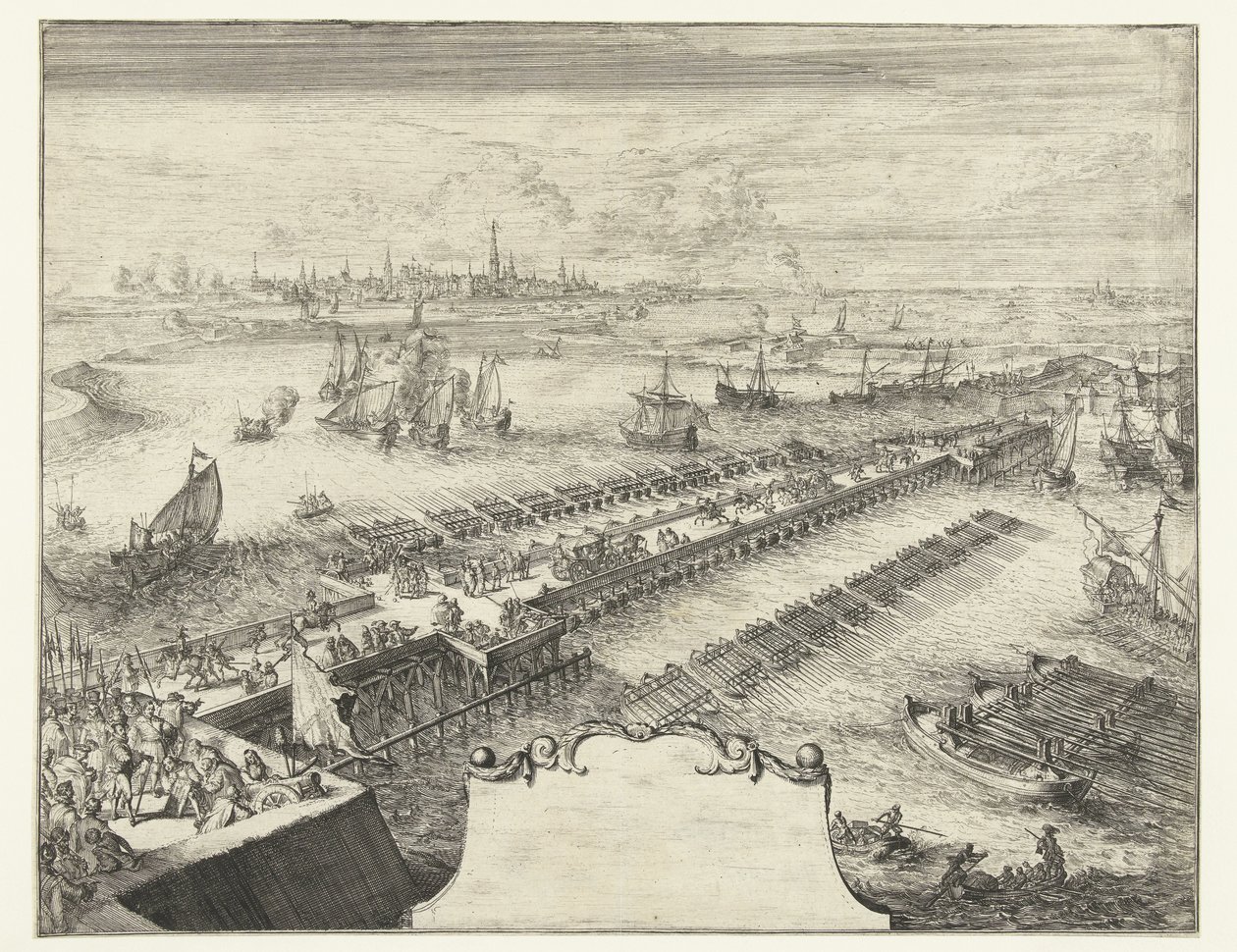 Pármai hajóhíd a Scheldt felett, 1585 Guerres de Flandres (sorozat címe) alkotó: Romeyn de Hooghe