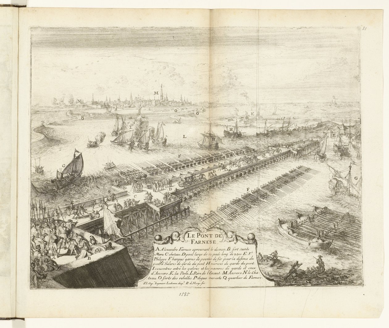 Pármai hajóhíd a Scheldt felett, 1585 Le Pont de Farnese (cím a tárgyon) Guerres de Flandres (sorozat címe) alkotó: Romeyn de Hooghe