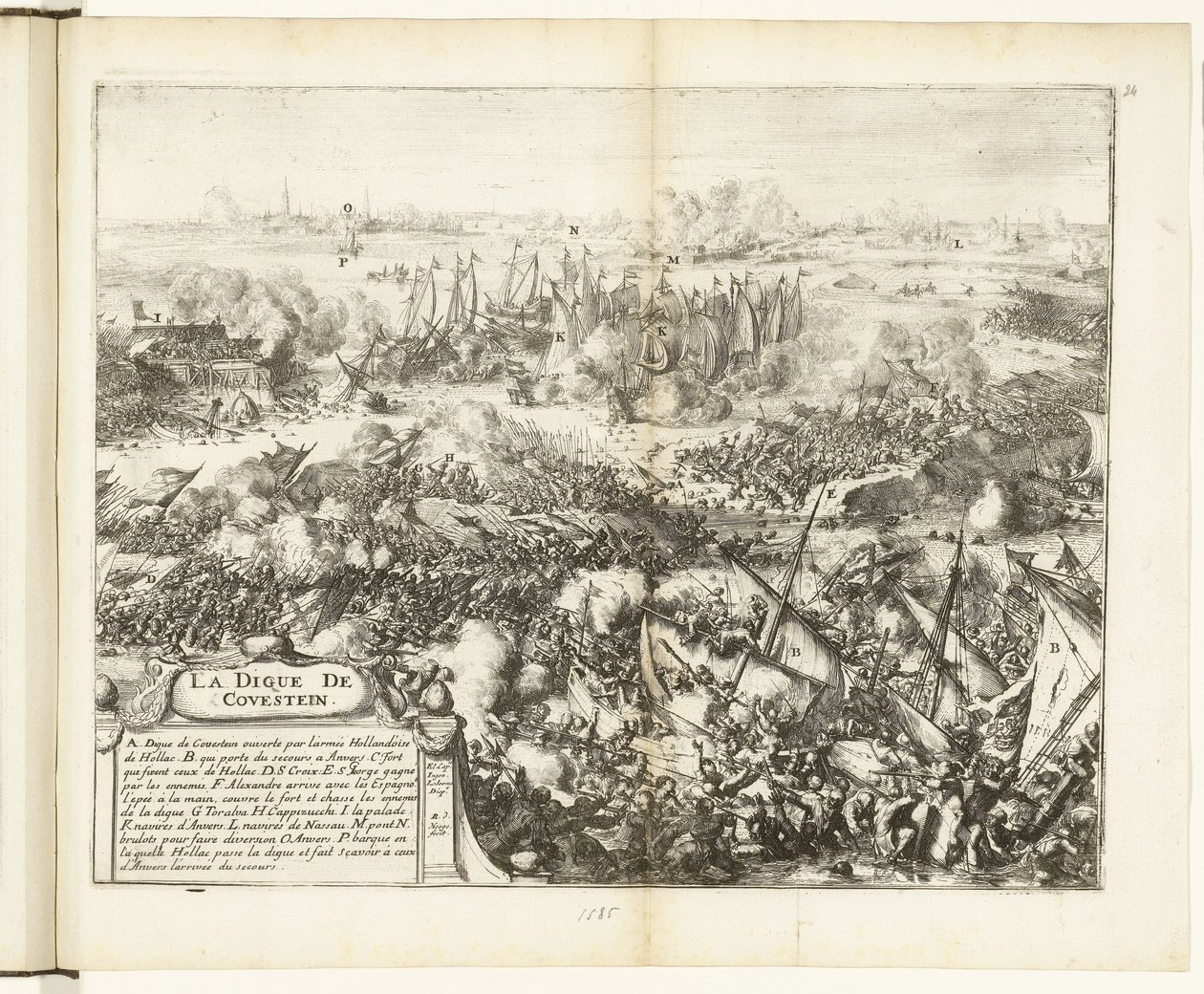 Harc a Kauwenstein töltésért, 1585 La digue de Covestein (cím a tárgyon) Guerres de Flandres (sorozat címe) alkotó: Romeyn de Hooghe