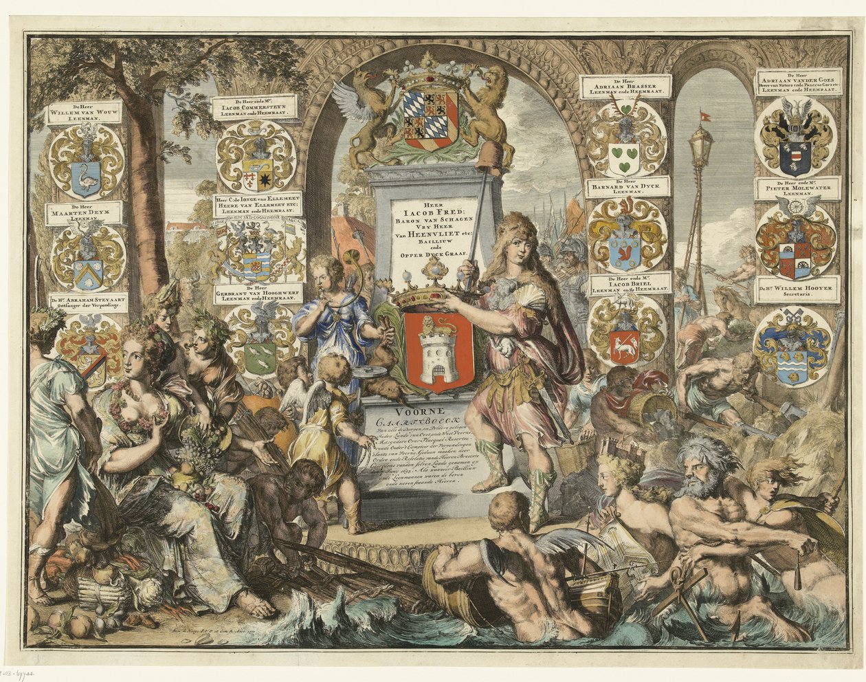 Címnyomat Caartboeck van Voorne, 1701 Voorne Caart-Boeck az összes East Lande-ban található falvak és polderek közül, valamint a Nyugat-Voorne (...) 1695. június 7. Mint amikor Bailliuw és a Leenmannen voltak a fenti és a szomszédos Heeren. (cím a tárgyon) alkotó: Romeyn de Hooghe