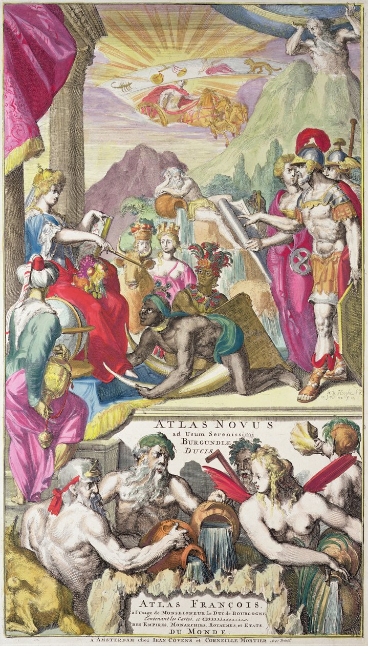 A "Burgundiai Serenity Herceg atlasza" címlapja, amely Európát ábrázolja Ázsia, Afrika és Amerika népeitől, 1730 körül alkotó: Romeyn de Hooghe
