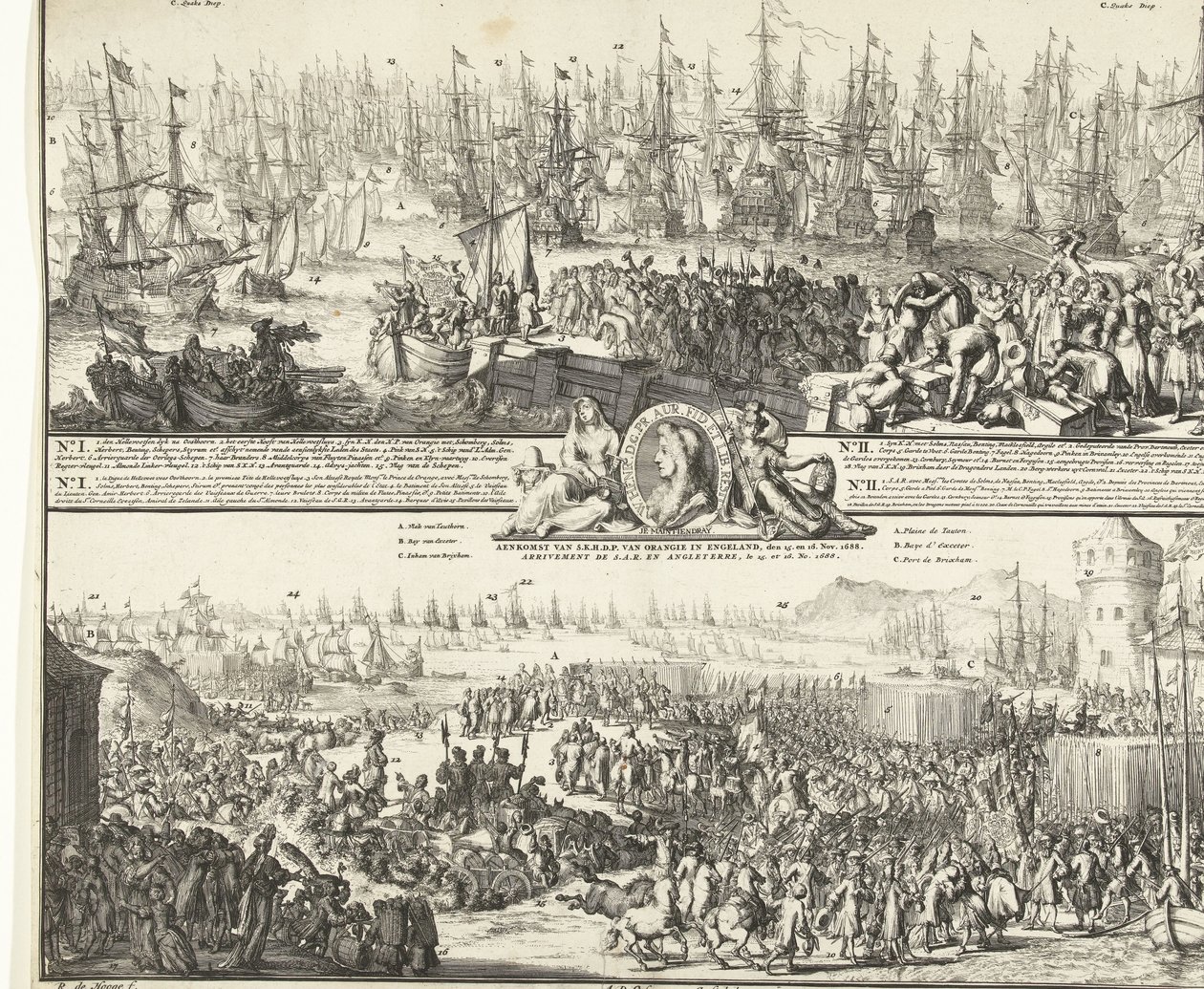 III. Vilmos utazása Angliába, 1688 S.K.H. indulása Anglia után a 11. nov. 1688 / S.K.H.D.P. érkezése. Orange Angliában, november 15-én és 16-án. 1688 (cím a tárgyon) Department of the S.A.R. pour Angleterre, Le 11. No. 1688 / Arrival de S.A alkotó: Romeyn de Hooghe