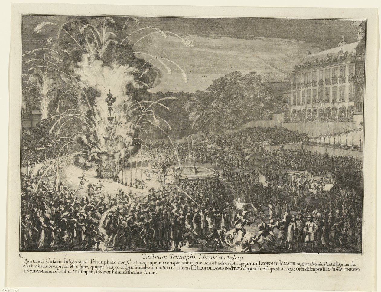 Vuurwerk in de paleistuin, 1686 Castrum Triumphi Lucens et Ardens (title on object) Intocht van Leopold I in Brussel na het verslaan van de Turken, 1686 (series title)   1371159   hu       hungarian Successfully Translated  Original: Village with Windmill  alkotó: Romeyn de Hooghe