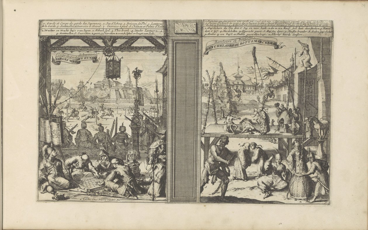 Őrház Japánban; Bűvészek és akrobaták Japans Wacht Huyse / Corps-de-garde des Japonnois // Guychelaers és Bootsmaeckers (cím az objektumon) Les Indes Orientales et Occidentales et autres lieux (sorozat címe) alkotó: Romeyn de Hooghe