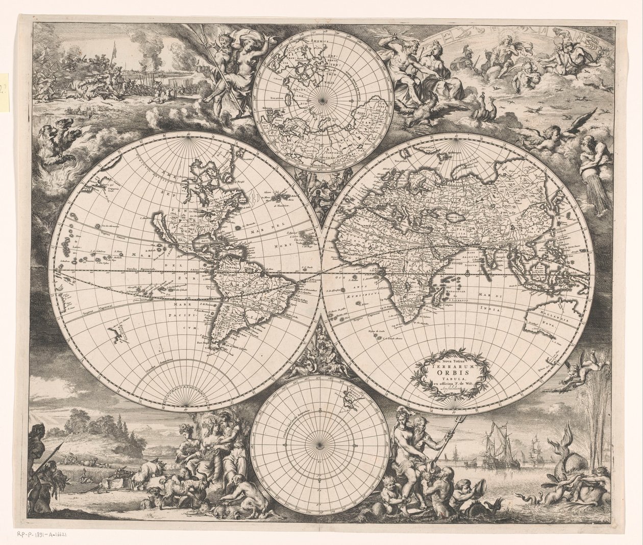 Világtérkép egy allegóriával a négy elemről Nova totius terrarum orbis tabula (cím a tárgyon) alkotó: Romeyn de Hooghe