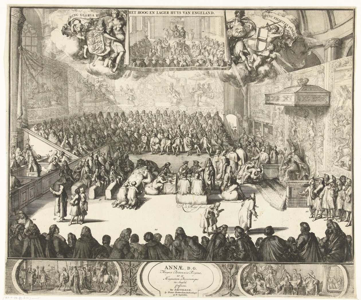 Zitting van het Lagerhuis és Koningin Anna op de troon, 1702 Anne, DG. Nagy-Britannia királynője, valamint a nagy hercegek Angliában Confessed (cím a tárgyon) alkotó: Romeyn de Hooghe