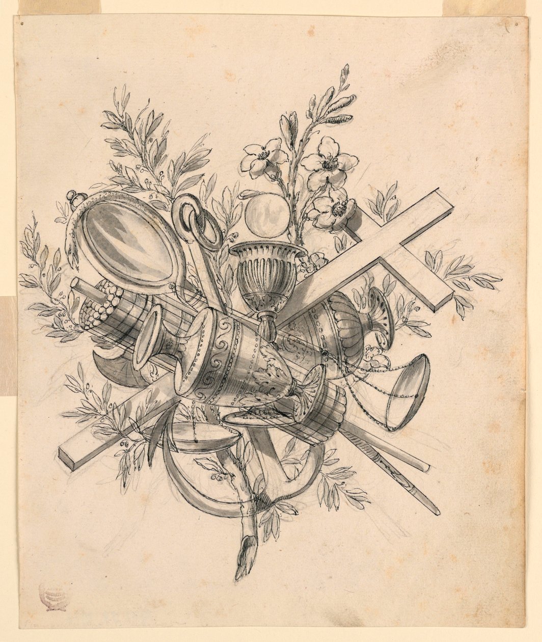 Rajz, trófea az erények szimbólumaival, 1830–1850 alkotó: Romolo Achille Liverani