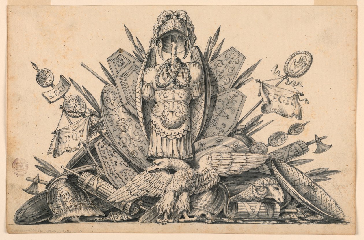 Rajz, Egy trófea a fegyverek szándékozott végrehajtani a festészet, 1830-1850 alkotó: Romolo Achille Liverani