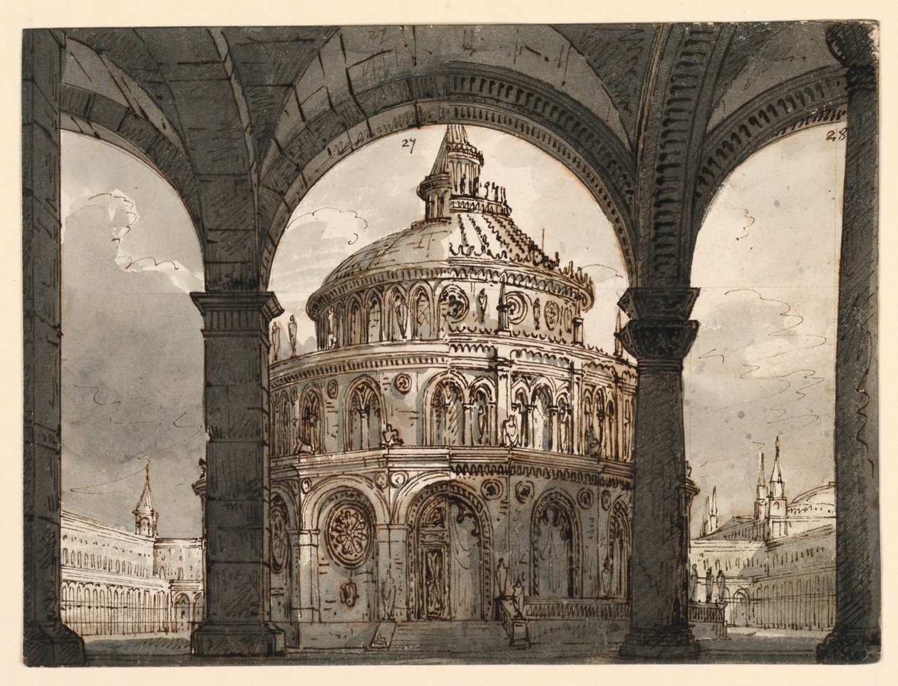 Színpadterv, átrium az ispotályosok templomával Vincenzo Bellini „La Straniera” operájához alkotó: Romolo Achille Liverani