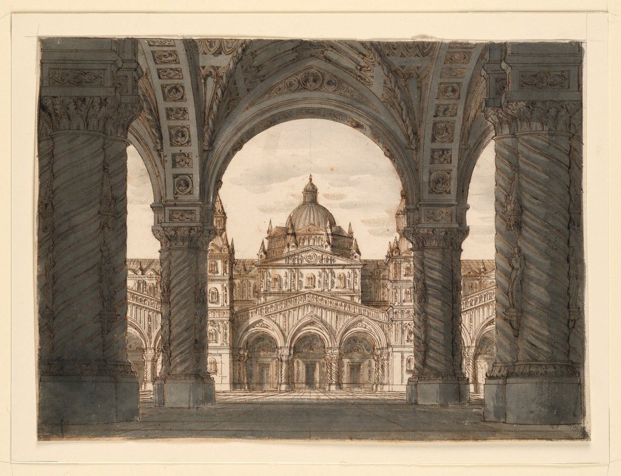 Színpadterv, Templomhomlokzat egy loggiából, Felice Romani Valdomiri-t, Pietro de Winter zenéjét. Előadták a milánói La Scalában 1818-ban alkotó: Romolo Achille Liverani