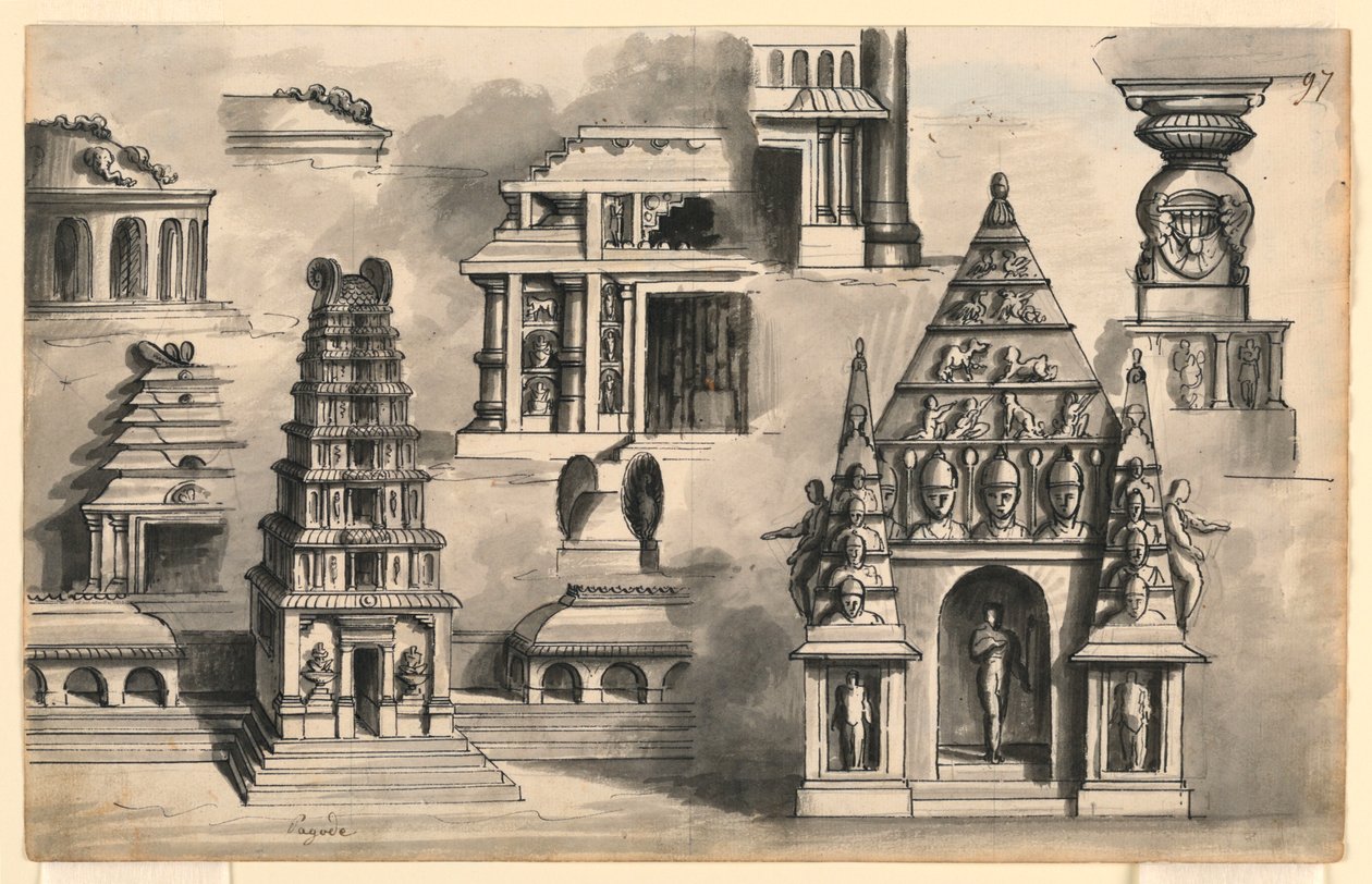 Színpadtervezés, Indiai templomok részletei alkotó: Romolo Achille Liverani
