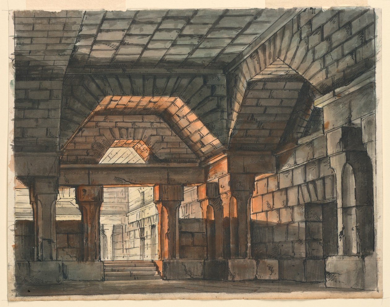 Színpadterv, erődített kastélybelső Gioachino Rossini „Ciro in Babilonia” számára, La Scala, Milánó, 1818, „UnderPrison” alkotó: Romolo Achille Liverani