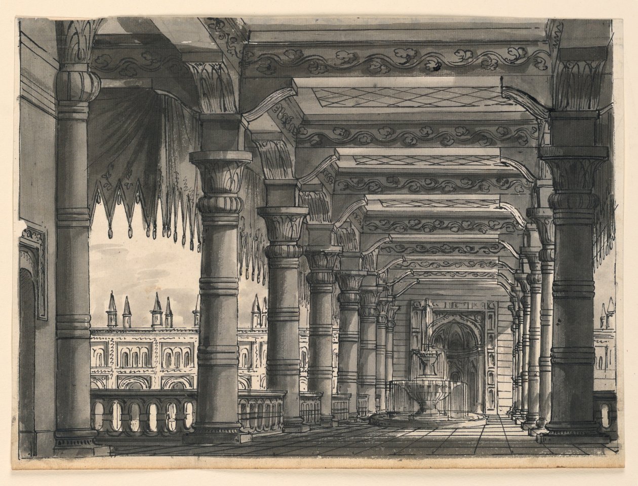 Színpad, loggia szökőkúttal egy keleti palotában alkotó: Romolo Achille Liverani