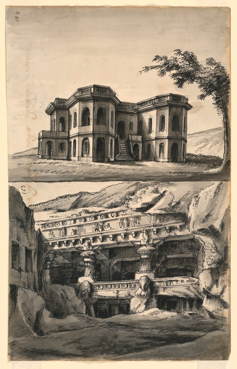 Színpadi tervek, kastély a tájban és templomok és barlangok alkotó: Romolo Achille Liverani