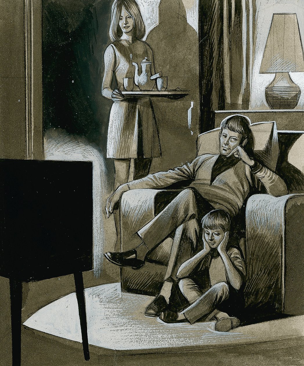 Fekete-fehér televíziót néző család az 1960-as években alkotó: Ron Embleton