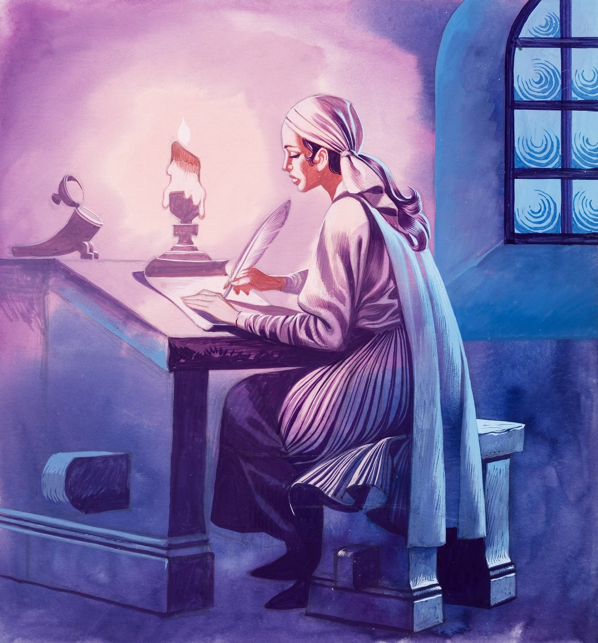 Levelet író lány (gouache, papír) alkotó: Ron Embleton