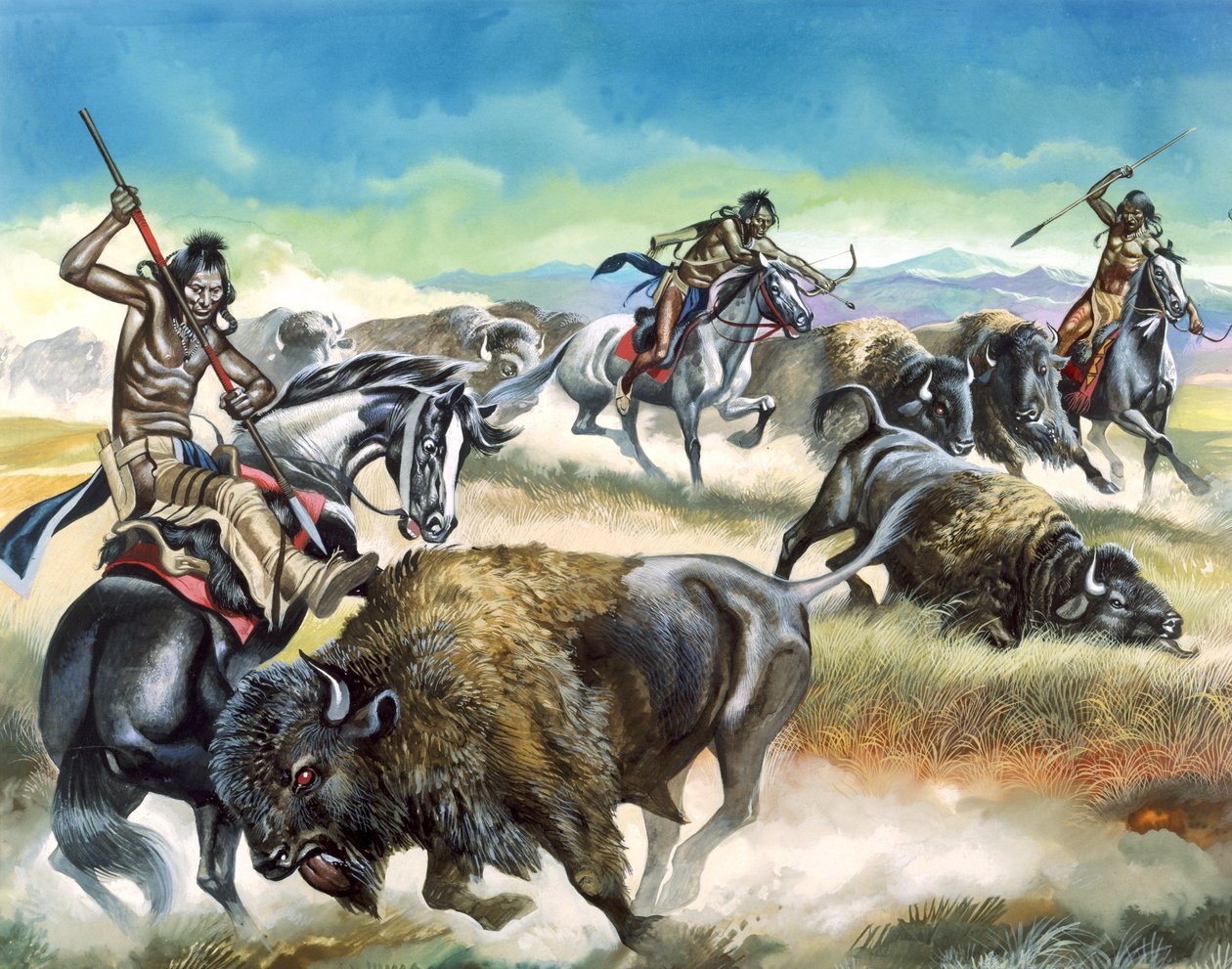 Amerikai indiánok amerikai bölényt ölnek (gouache, papír) alkotó: Ron Embleton