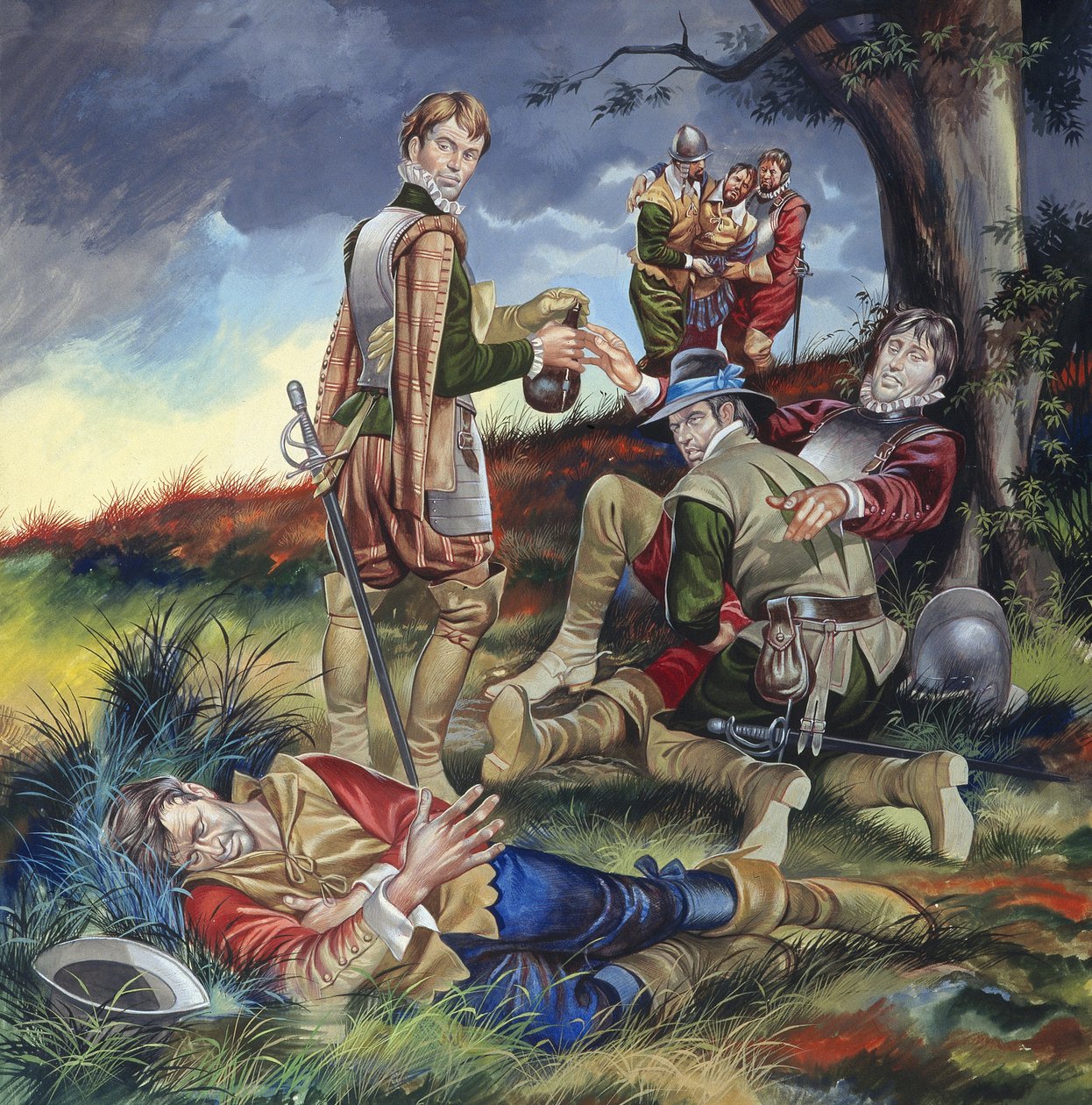 Sir Philip Sidney (1554-86) a Zutpheni csatában (gouache, papír) alkotó: Ron Embleton