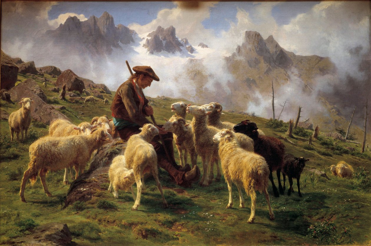Egy alpesi juhász sót ad a bárányának Rosa Bonheur (1822-1899) festménye 1864 V. 0,68x1 m Chantilly, Musee Conde alkotó: Rosa Bonheur