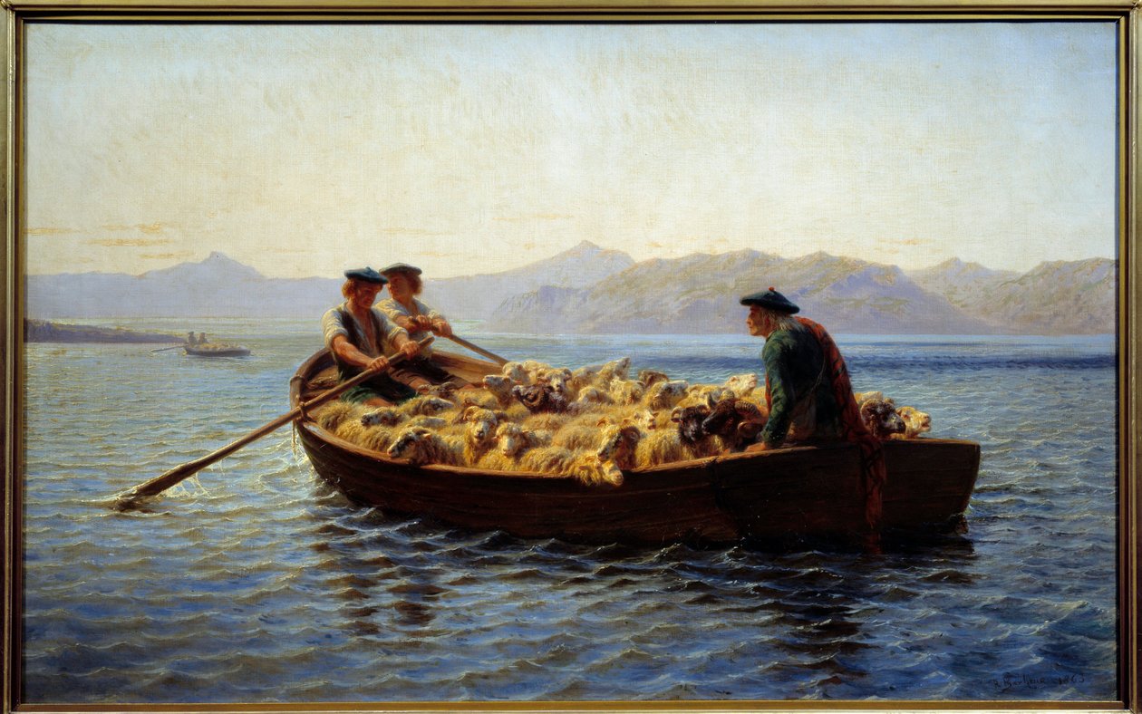 A legeltetés megváltoztatása. A pásztorok beszálltak a juhnyájba, hogy átvigyék őket a túlsó partra. Rosa Bonheur (1822-1899) festménye alkotó: Rosa Bonheur