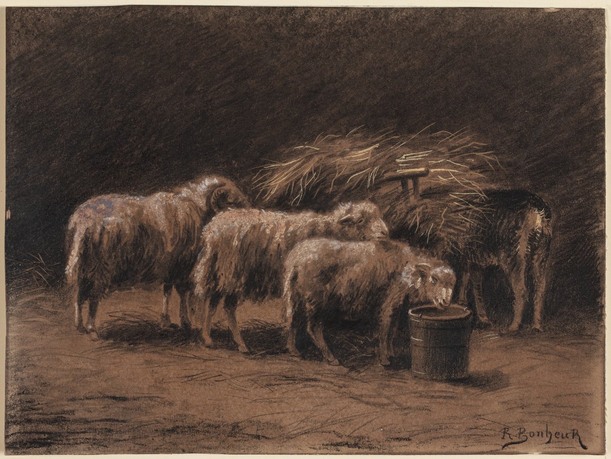 Egy pár birka és egy kos egy istállóban alkotó: Rosa Bonheur