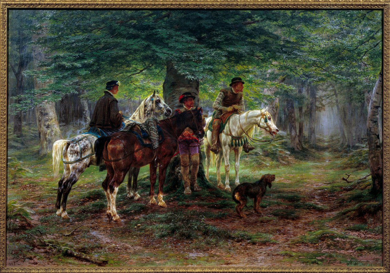 Lovasokat meglepett az eső (XVII. század). Egy erdőben férfiak lóháton szállnak meg egy fa alatt, és várják, hogy elálljon az eső. Rosa Bonheur (1822-1899) festménye alkotó: Rosa Bonheur