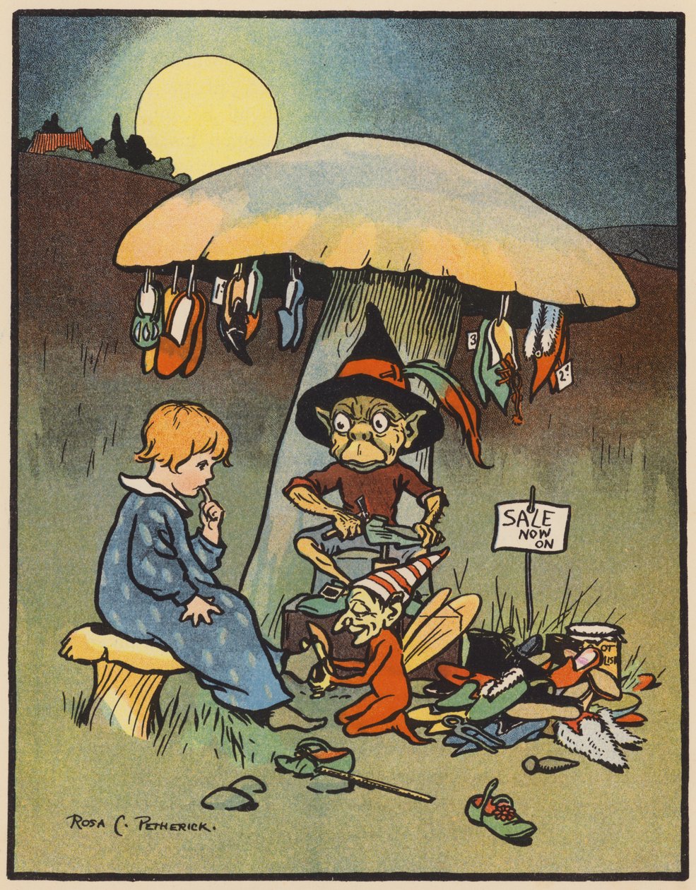"Így Toddy felpróbált néhány cipőt" (színes litográfia) alkotó: Rosa Petherick