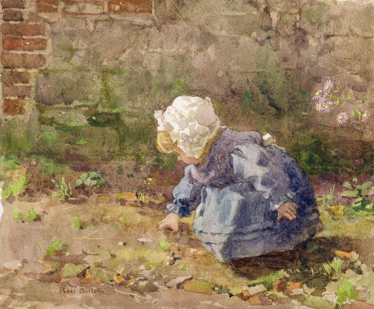 Gyermek fehér sapkával alkotó: Rose Maynard Barton