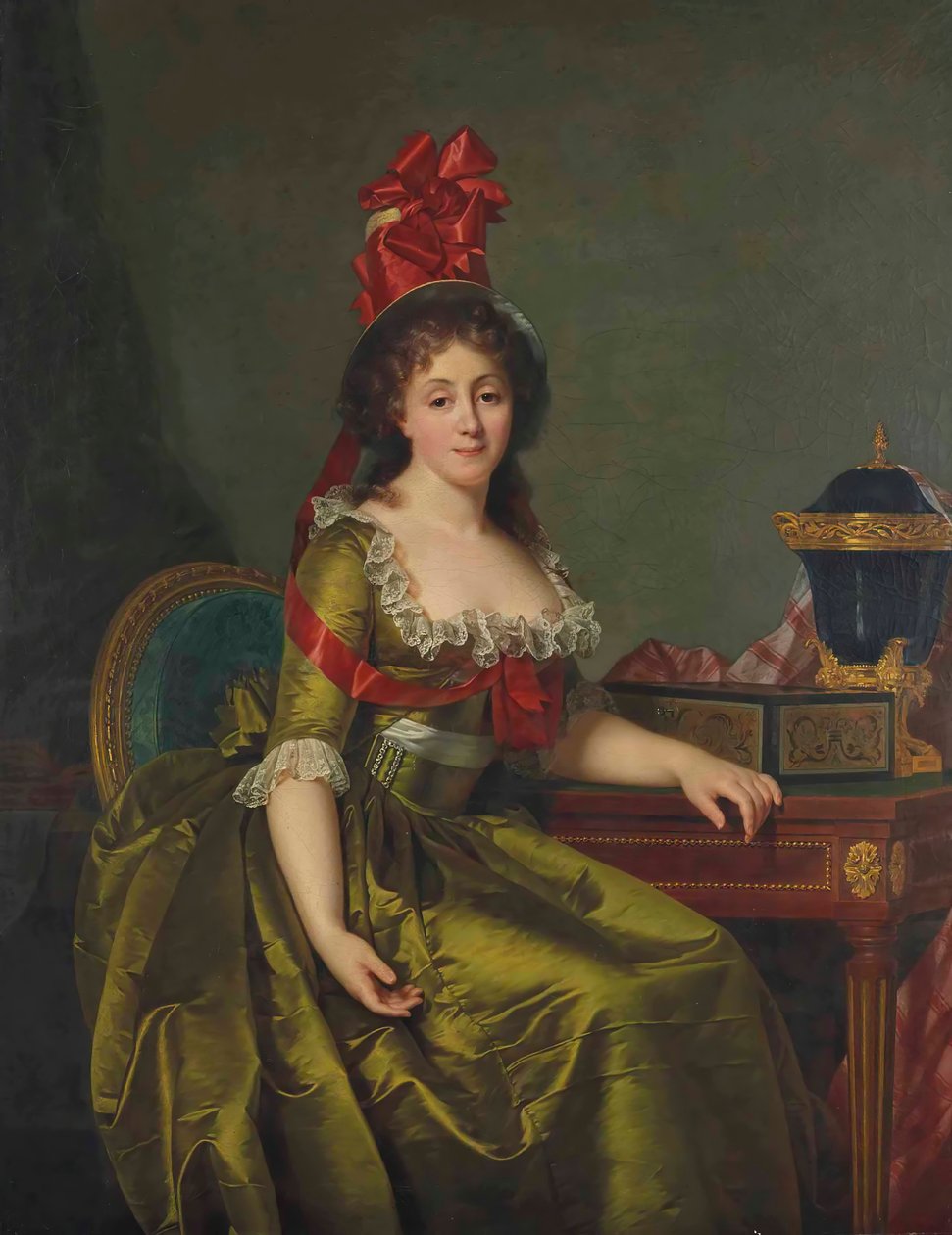 Hölgy portréja, zöld szatén ruhában és motorháztetőben piros szalagokkal. alkotó: Rose Adelaide Ducreux