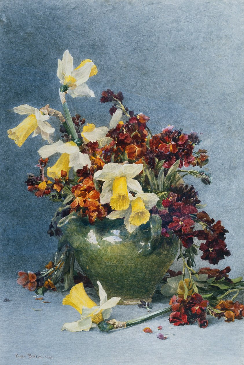 Nárciszok és falvirágok zöld vázában, 1890 alkotó: Rose Maynard Barton