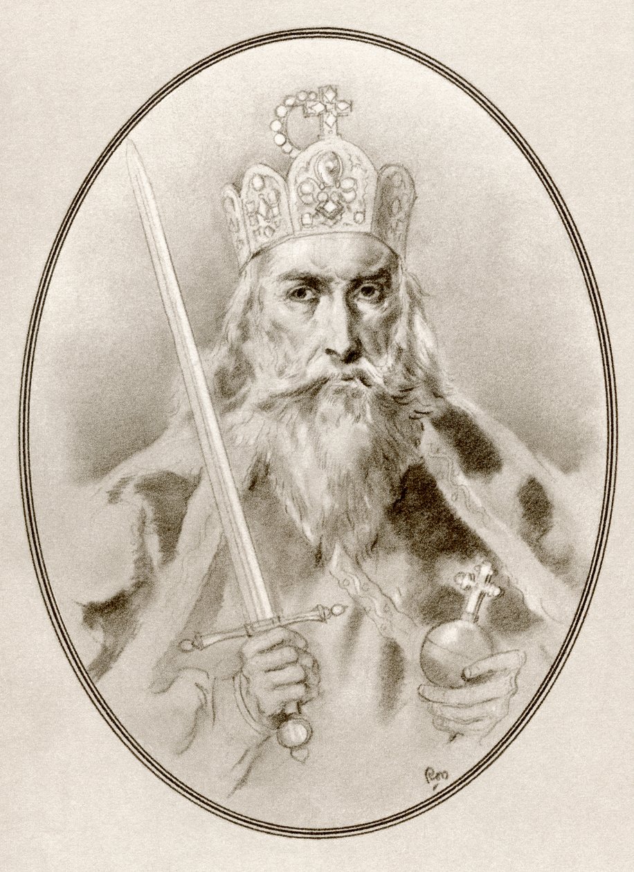 Nagy Károly, más néven Nagy Károly vagy I. Károly, a Híres uralkodók élő életrajzaiból. alkotó: Ross Gordon