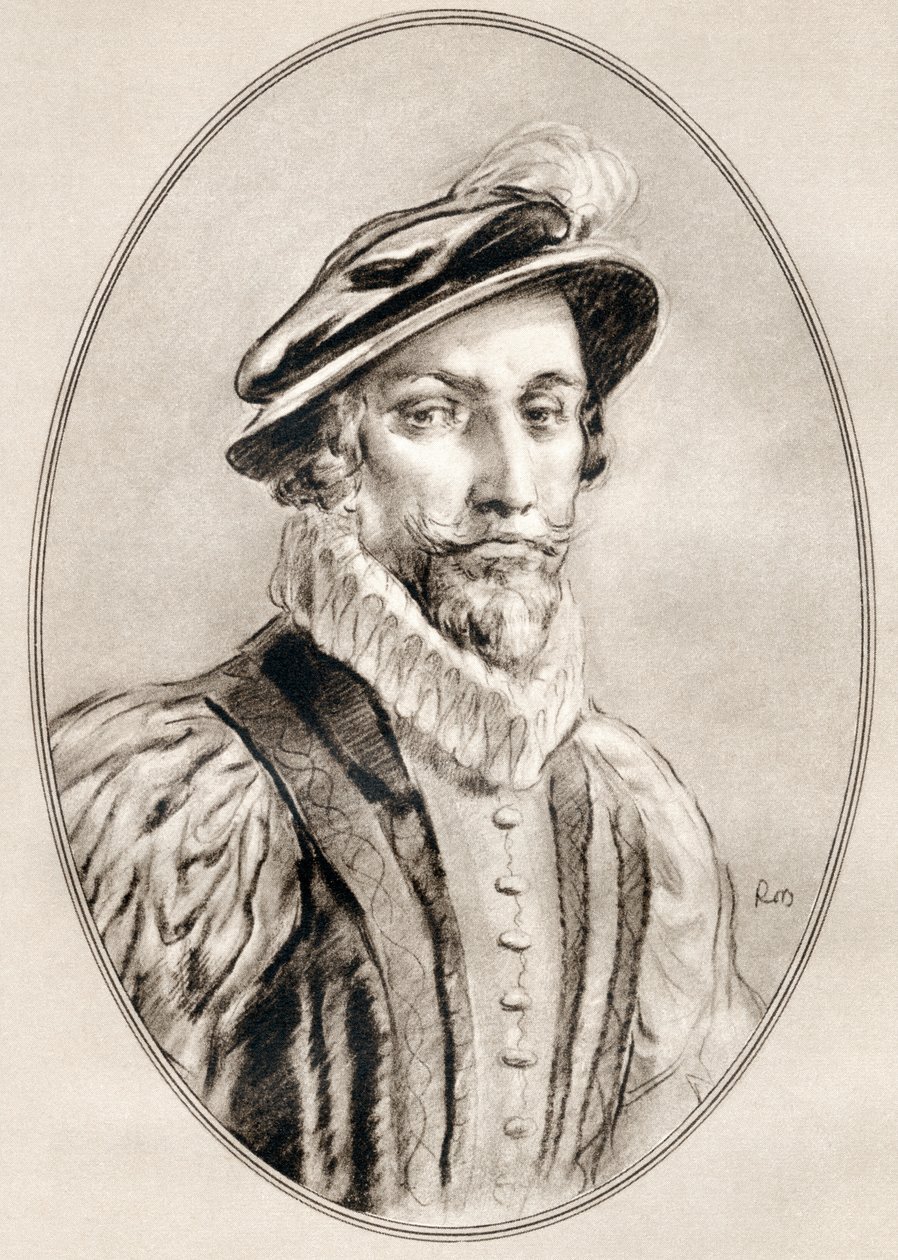 Sir Walter Raleigh, a Híres férfiak élő életrajzaiból. alkotó: Ross Gordon