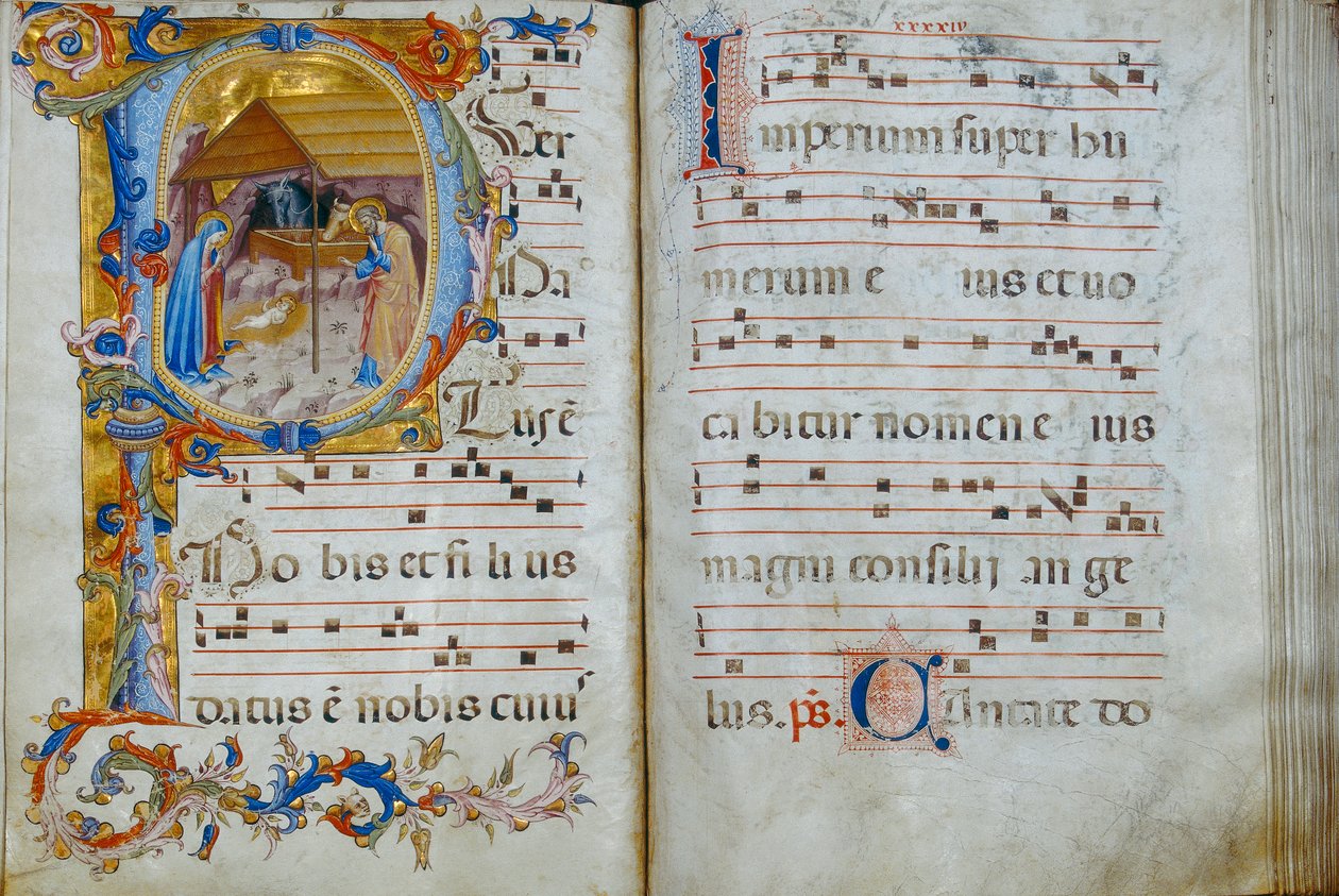 A Santo Stefano székesegyházban kiállított "D" kóruskönyv: a születést ábrázoló, 1429-35 körüli historizáló iniciálé. alkotó: Rossello di Jacopo Franchi
