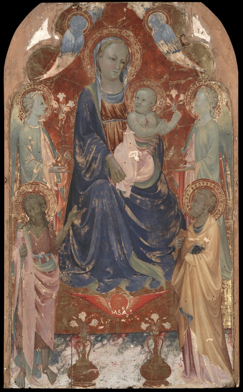 Szűz és gyermek Keresztelő Szent Jánossal, Szent Péterrel és két angyallal. alkotó: Rossello di Jacopo Franchi