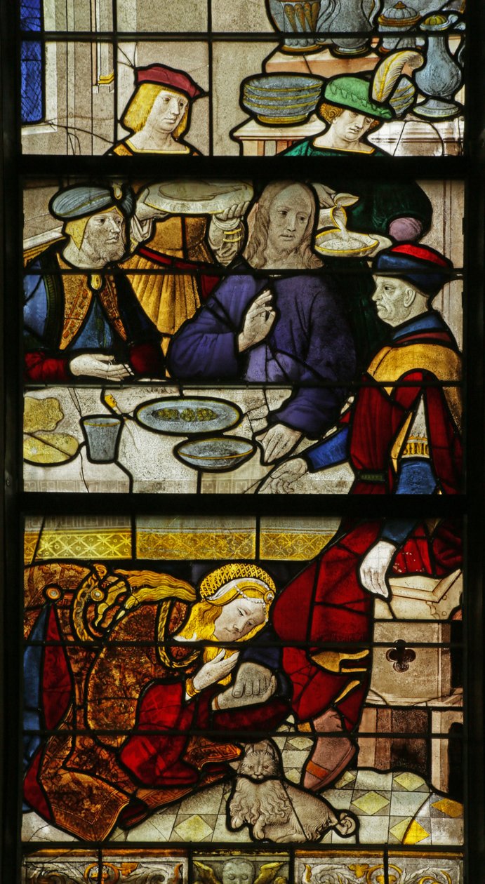 Szent Mária Magdolnát ábrázoló ablak, amint Krisztus lábát mossa, 1500-10 alkotó: Rouen School
