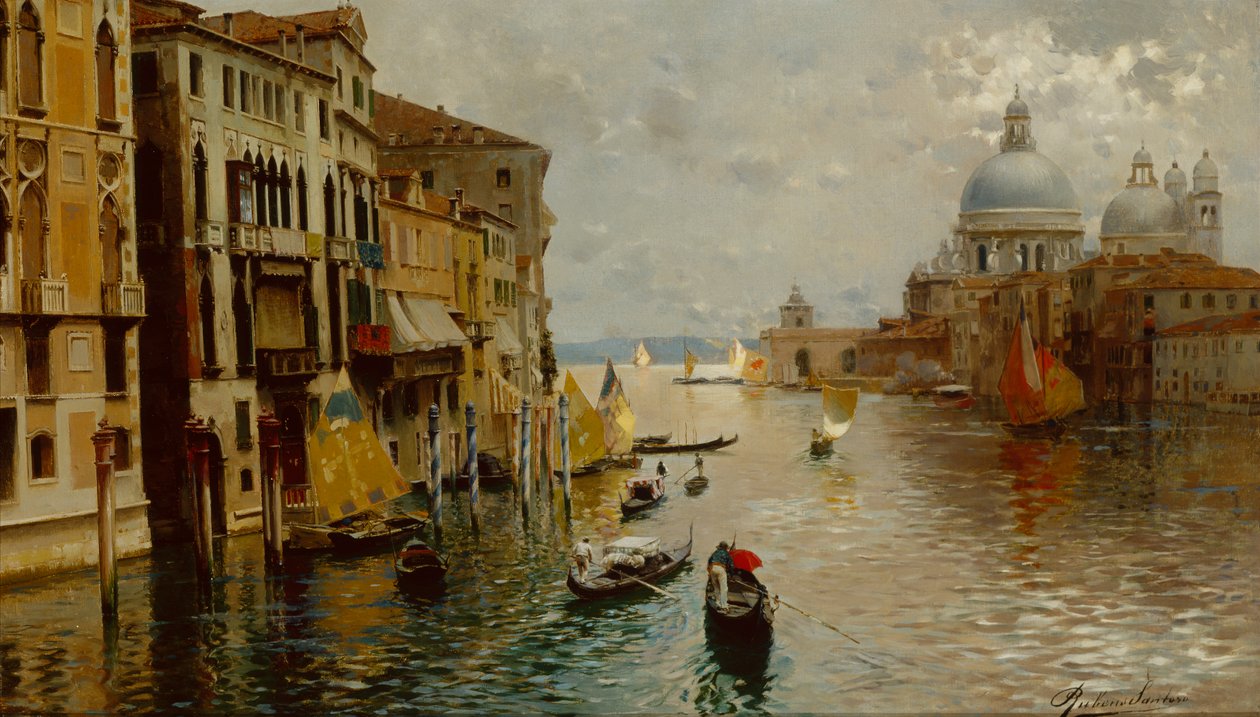 Gondolák a Canal Grandén, a Dogana és a Santa Maria della Salute azon túl, Velence (olaj, vászon) alkotó: Rubens Santoro