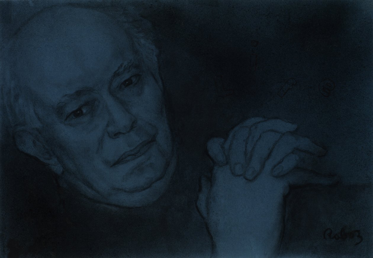 Alan Ayckbourn portré, kék pasztellkrétával, Roboz Zsuzsi c alkotó: Rudolf Eichstaedt