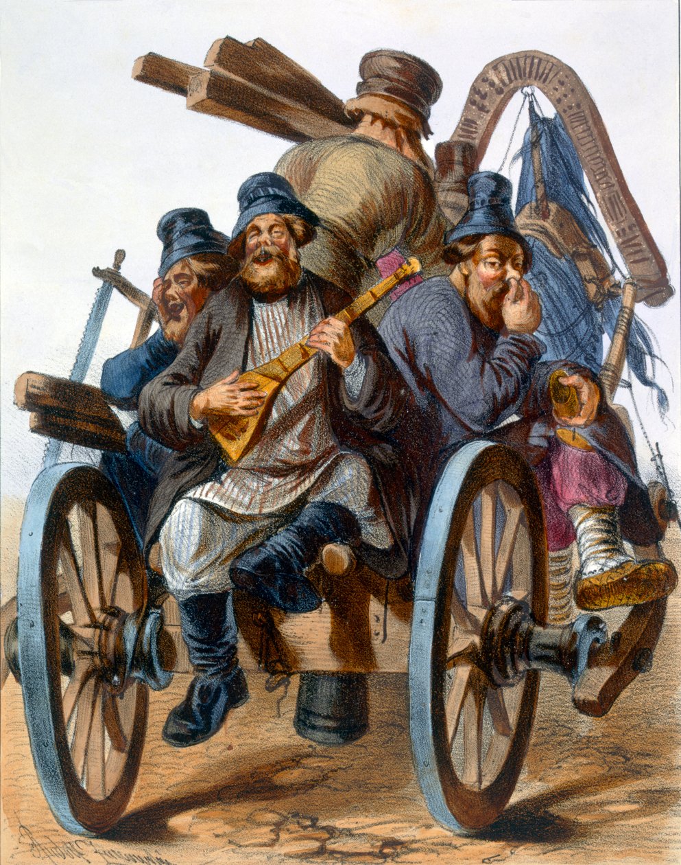 Részeg parasztemberek csoportja énekelve megy hazafelé egy szekéren, 1843 alkotó: Rudolf Jukowsky